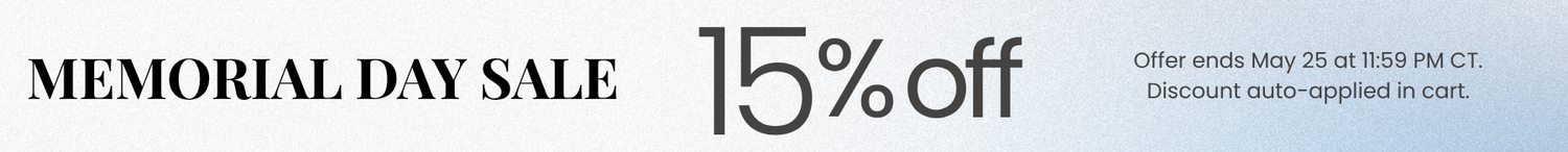 Memorial Day sale banner with 15% off on gradient gray-to-blue background; ends May 25; auto-applied in cart.