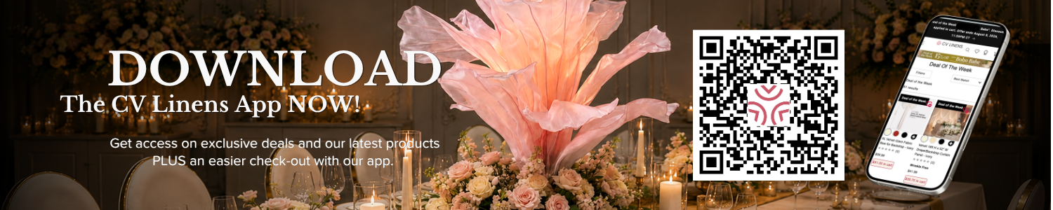 Dark wedding banner with large white DOWNLOAD text for The CV Linens App, featuring a QR code and a smartphone showing app.