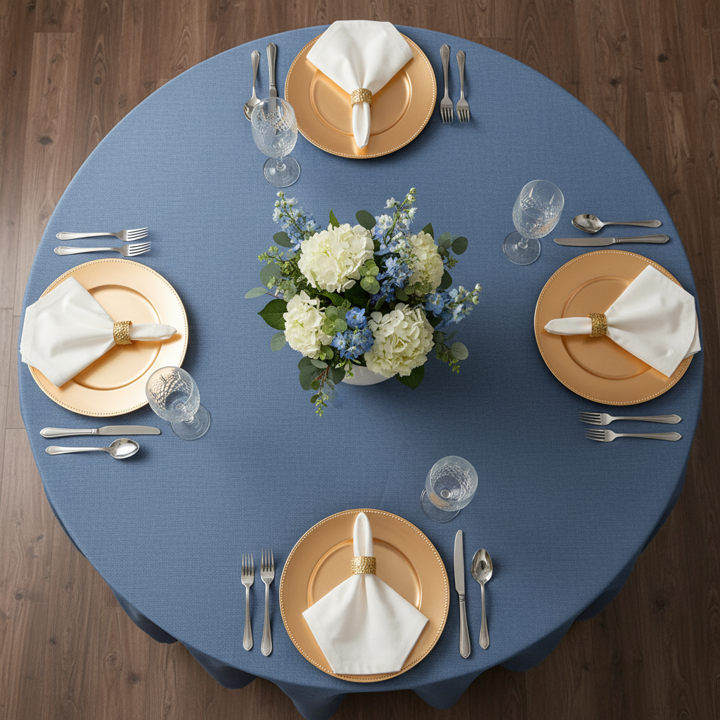 Faux Denim Tablecloth 108" Round - Dark Blue Faux Denim Tablecloth 108" Round - Dark Blue