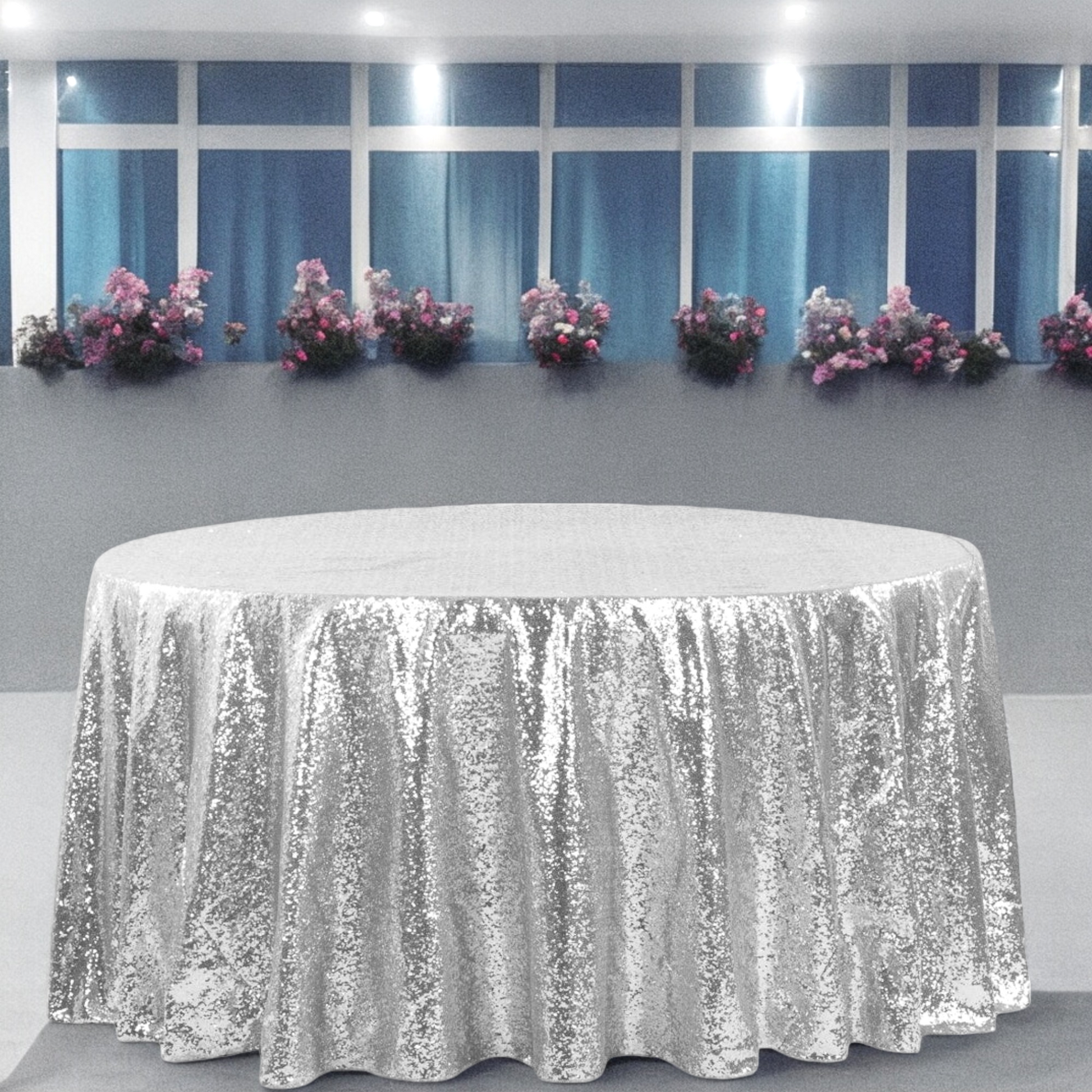 Glitz Sequins 120" Round Tablecloth - Silver