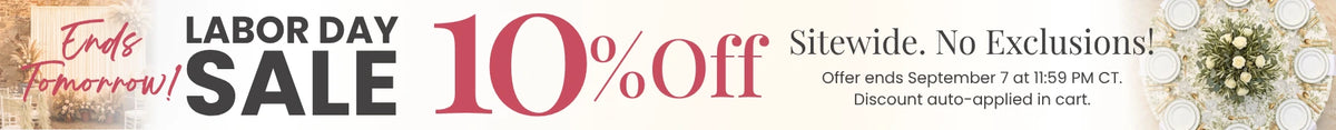Labor Day sale banner: beige background, bold 10% Off in red, ends tomorrow, sitewide; features table setting visuals