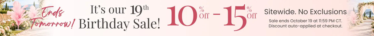 Soft pink homepage banner for a 19th Birthday Sale with 10% to 15% off sitewide; floral accents and Ends Tomorrow.