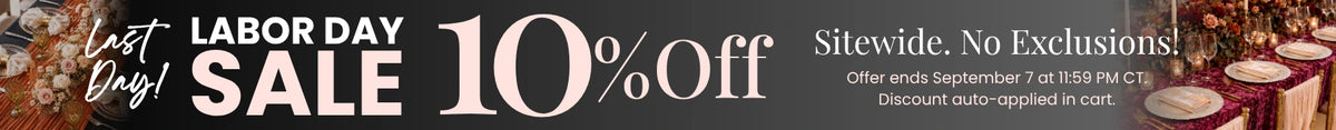 Labor Day sale banner with 10% off, pink text, floral left and elegant tablescape on the right for sitewide promotions