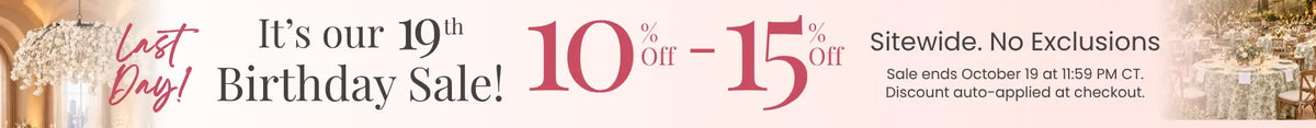 Cream birthday sale banner with pink typography, left chandelier and right banquet tables, Last Day! 10-15% off sitewide.