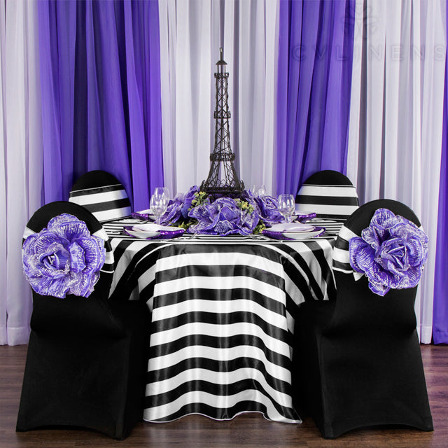 Stripe 132" Satin Round Tablecloth - Black & White - CV Linens