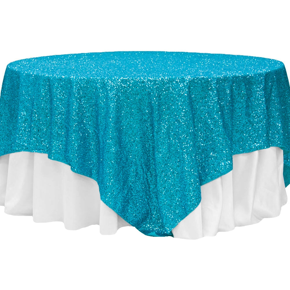 Glitz Sequin Table Overlay Topper 90"x90" Square - Turquoise - CV Linens