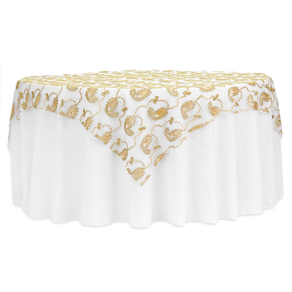 Paisley Sequin Table Overlay Topper 85"x85" Square - Gold - CV Linens