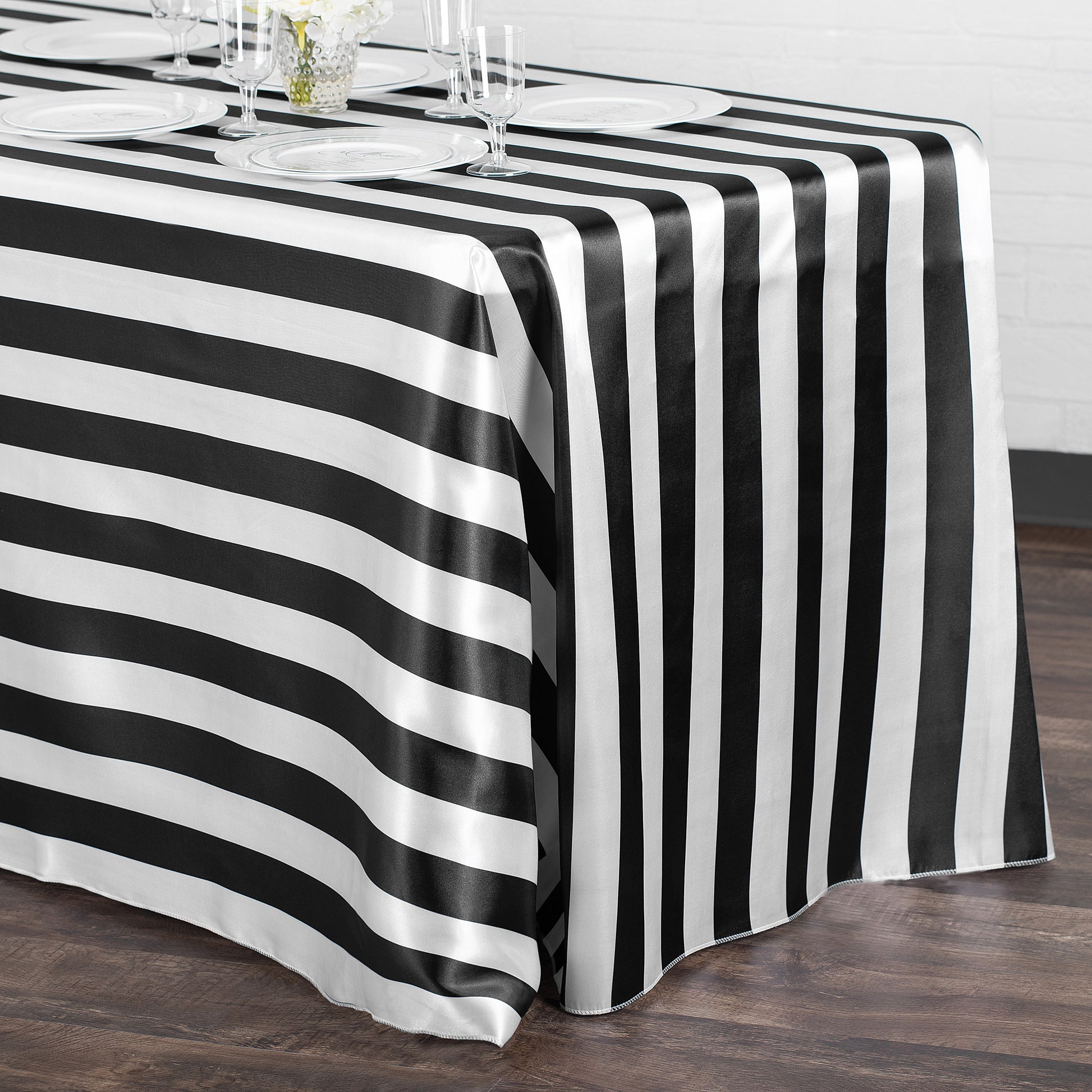 Stripe Satin Rectangular Tablecloth 90"x156" - Black & White