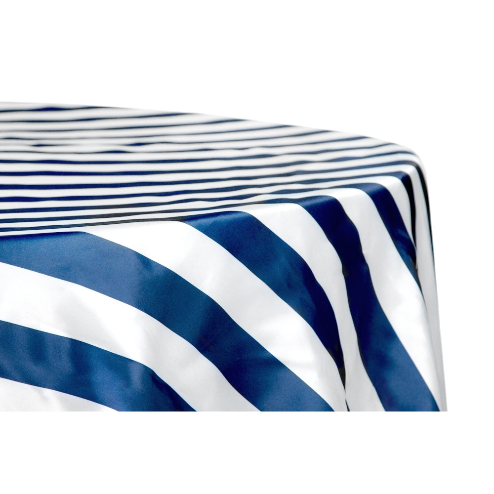 Stripe 120" Satin Round Tablecloth - Navy Blue & White - CV Linens