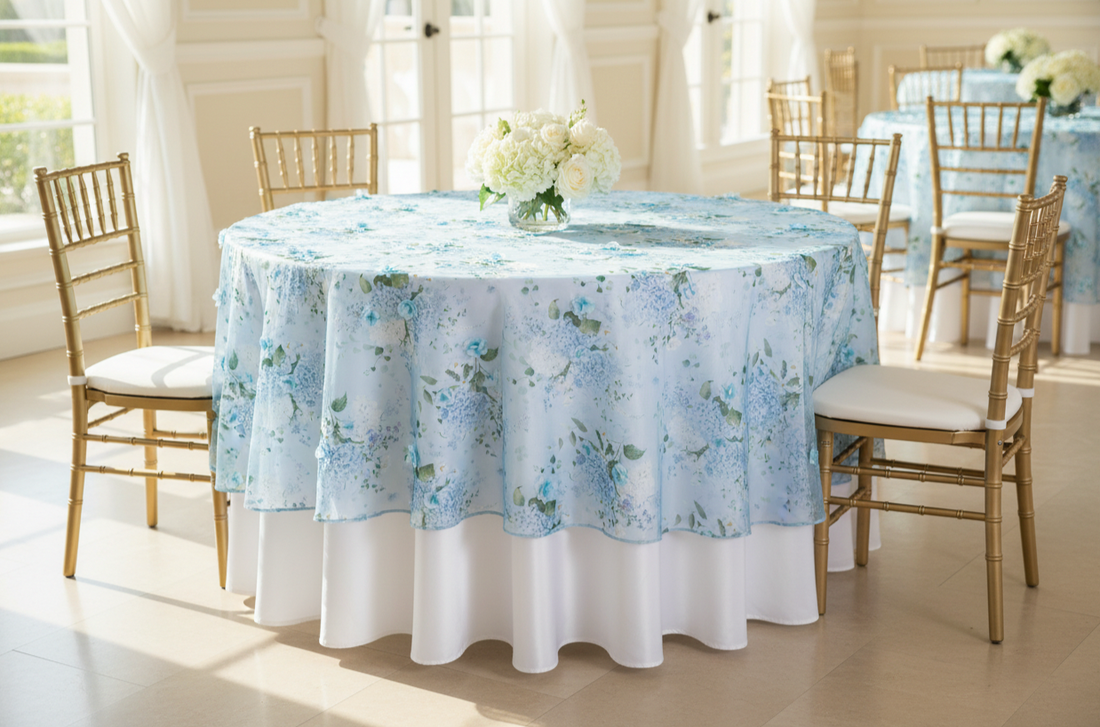 elegant 3D floral snow organza overlay on round tables