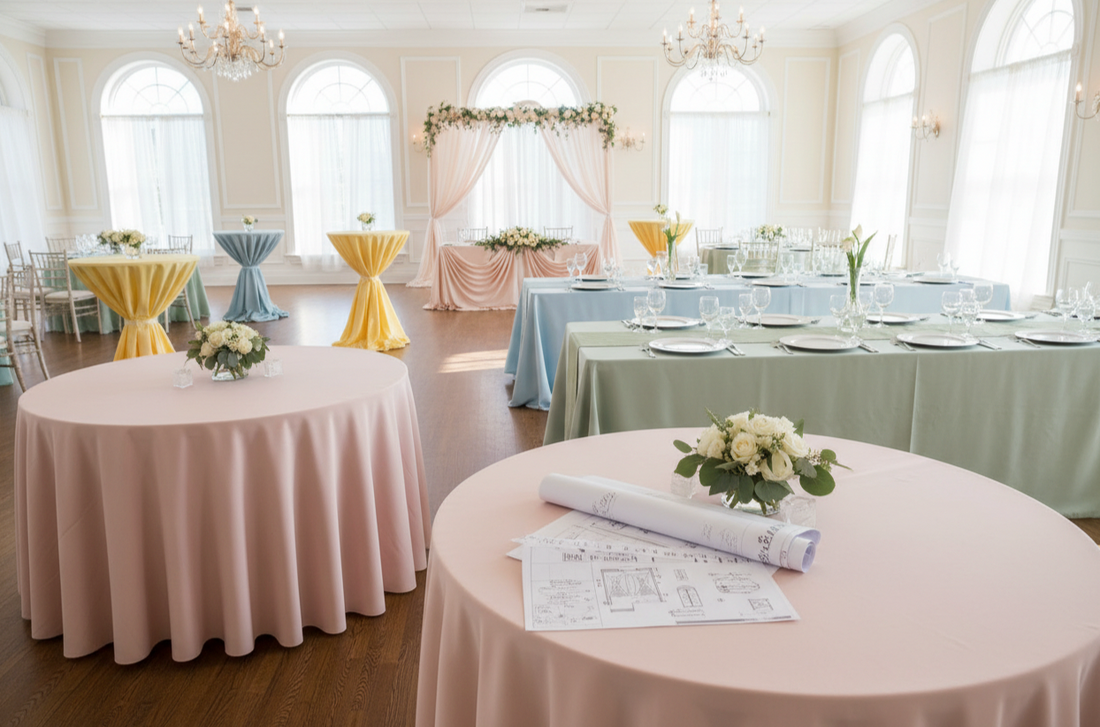 Bright event planning showroom featuring pastel table linens, cocktail tables, banquet tables, and a floral ceremony backdrop, with event layout plans displayed on a blush pink table