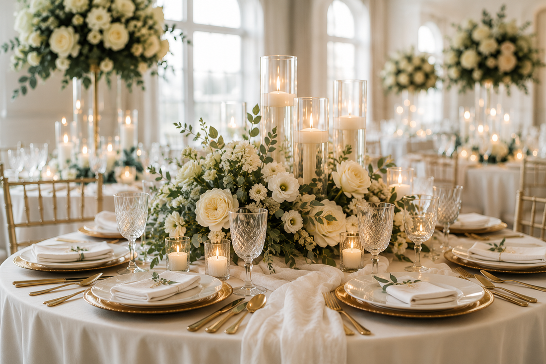 elegant table settings set in a bright ballroom