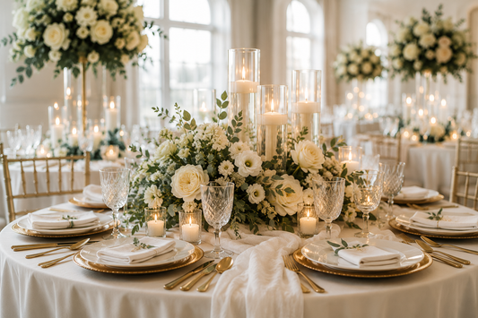 elegant table settings set in a bright ballroom