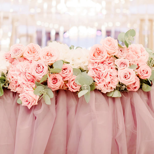 Reception Table with Chiffon Table Runners and Linens - CV Linens