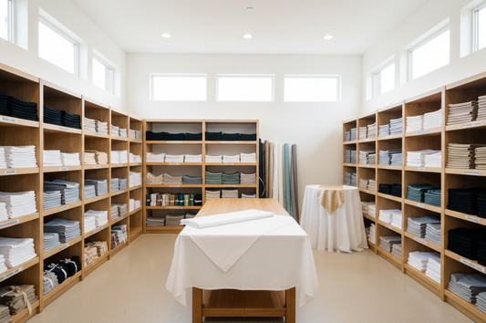 Organized linen storage room with shelves of neatly folded tablecloths and napkins, fabric rolls, and tables displaying white event linens