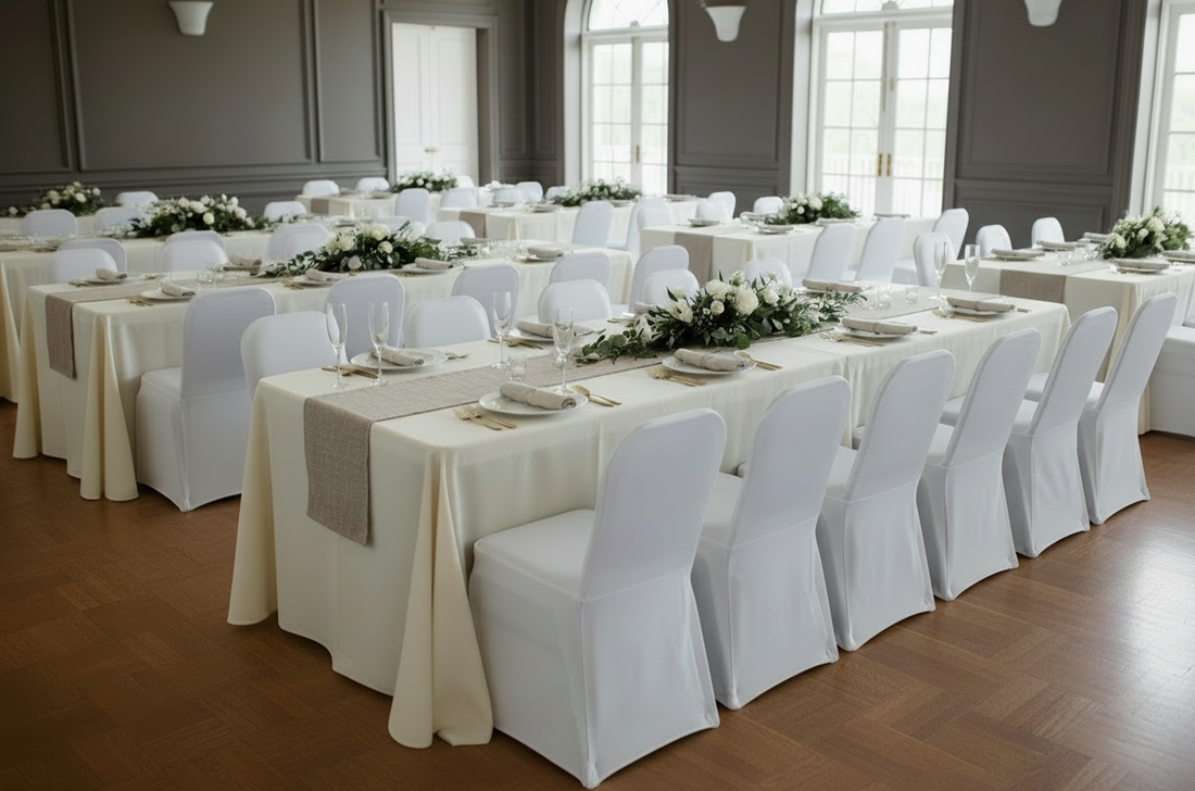 a large ballroom featuring cream tablecloths and taupe runners