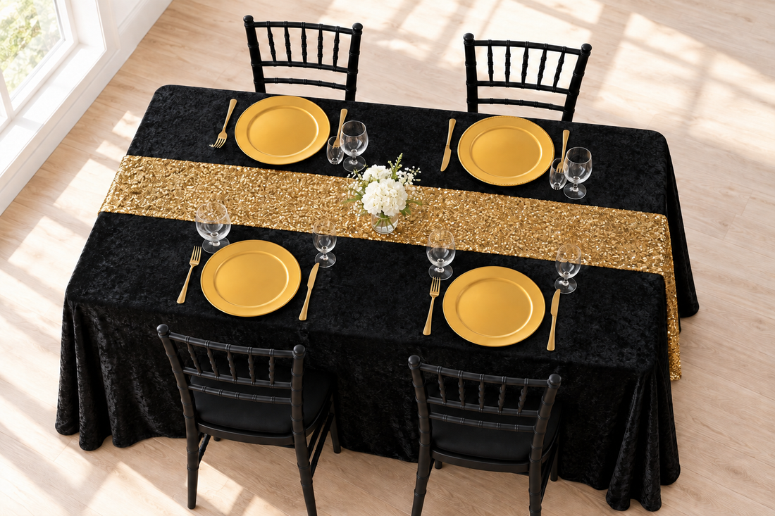 four seated black-and gold place settings