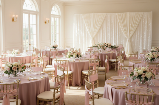 bright event room features multiple round tables with dusty pink tablecloths