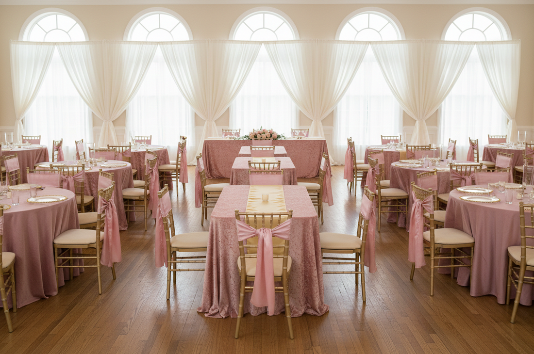  Elegant event venue featuring blush pink velvet tablecloths, gold Chiavari chairs with pink satin sashes, white sheer drapes, and banquet tables arranged for a wedding reception