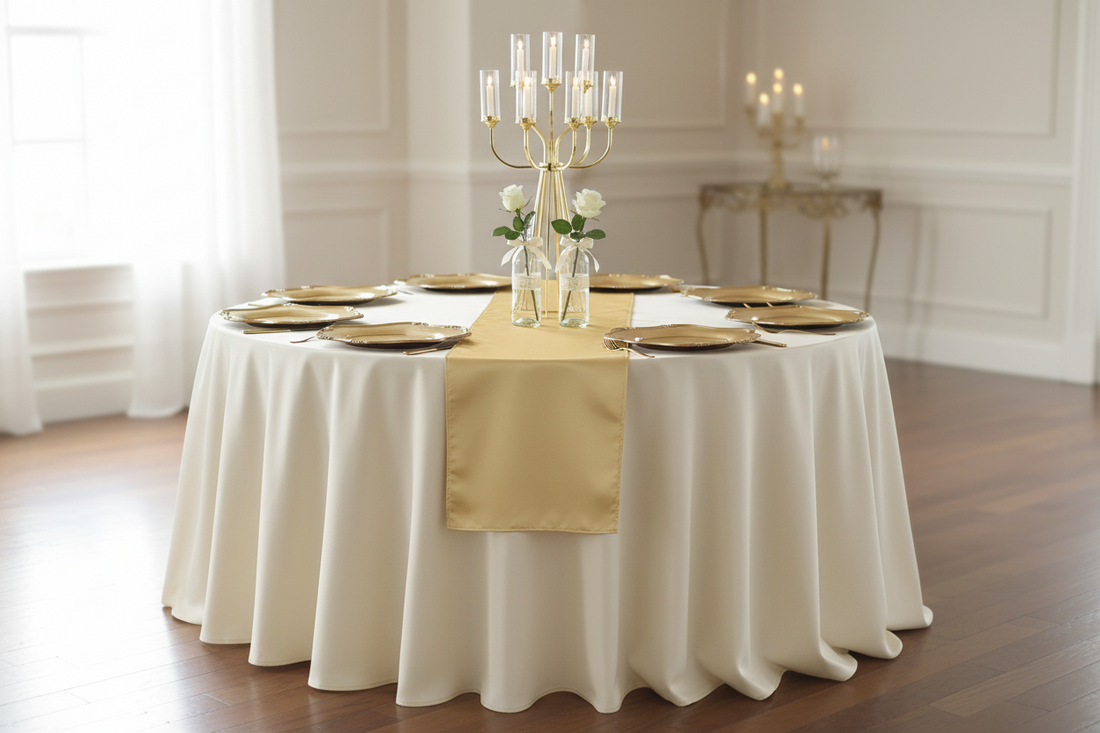 elegant white tablecloth and gold runner setup