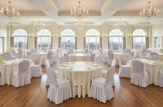 elegant ballroom filled with multiple round tables