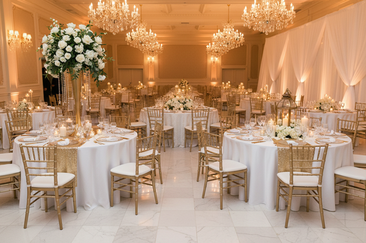 Elegant wedding reception with white floral centerpieces