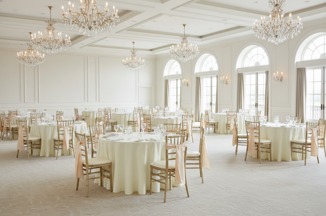 legant ballroom features multiple round tables