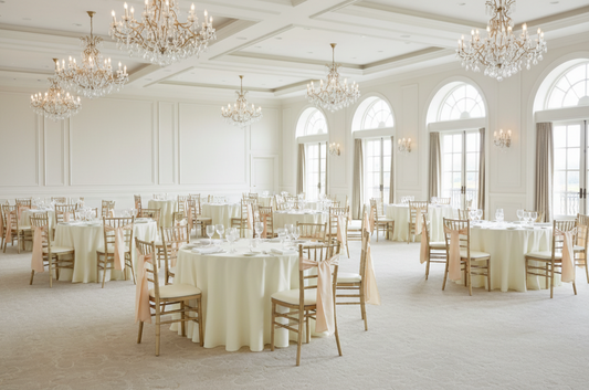 legant ballroom features multiple round tables