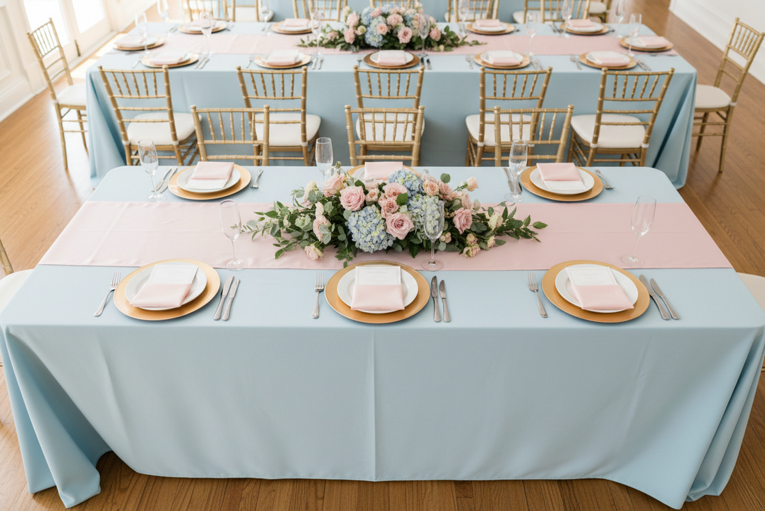 rectangular table features a light blue tablecloth, a soft pink runner, and a centerpiece of pink roses and blue hydrangeas