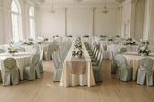 Elegant wedding venue with white round tablecloths, a long rectangular head table with a champagne satin runner, sage green chair covers, and white floral centerpieces in a bright white ballroom