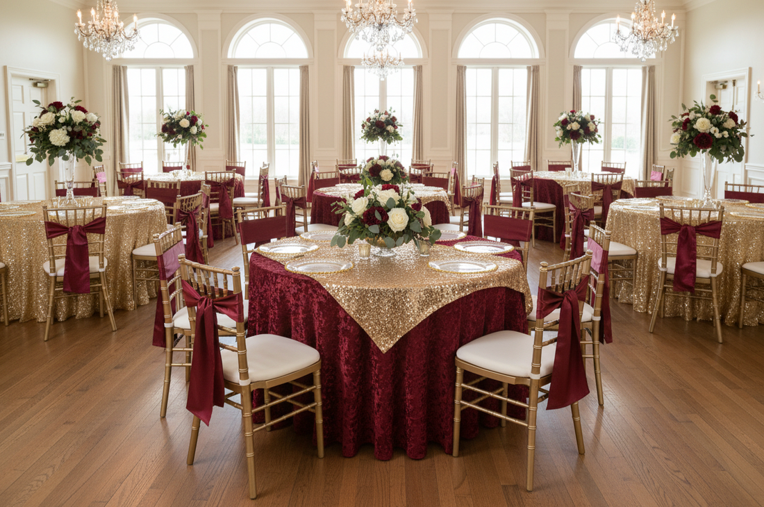 elegant burgundy and glitz sequin table runners setup