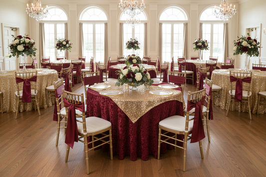 elegant burgundy and glitz sequin table runners setup