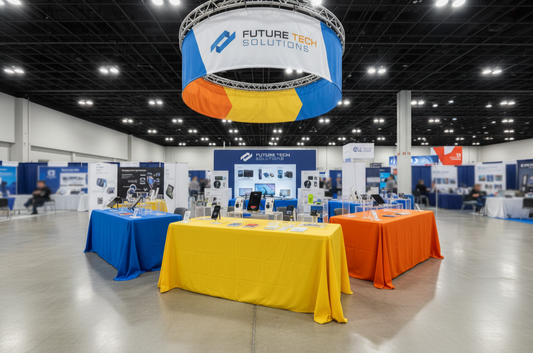 trade show booth with custom colored table linens