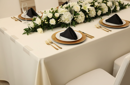 white tablecloth with gold charger plates and black napkins