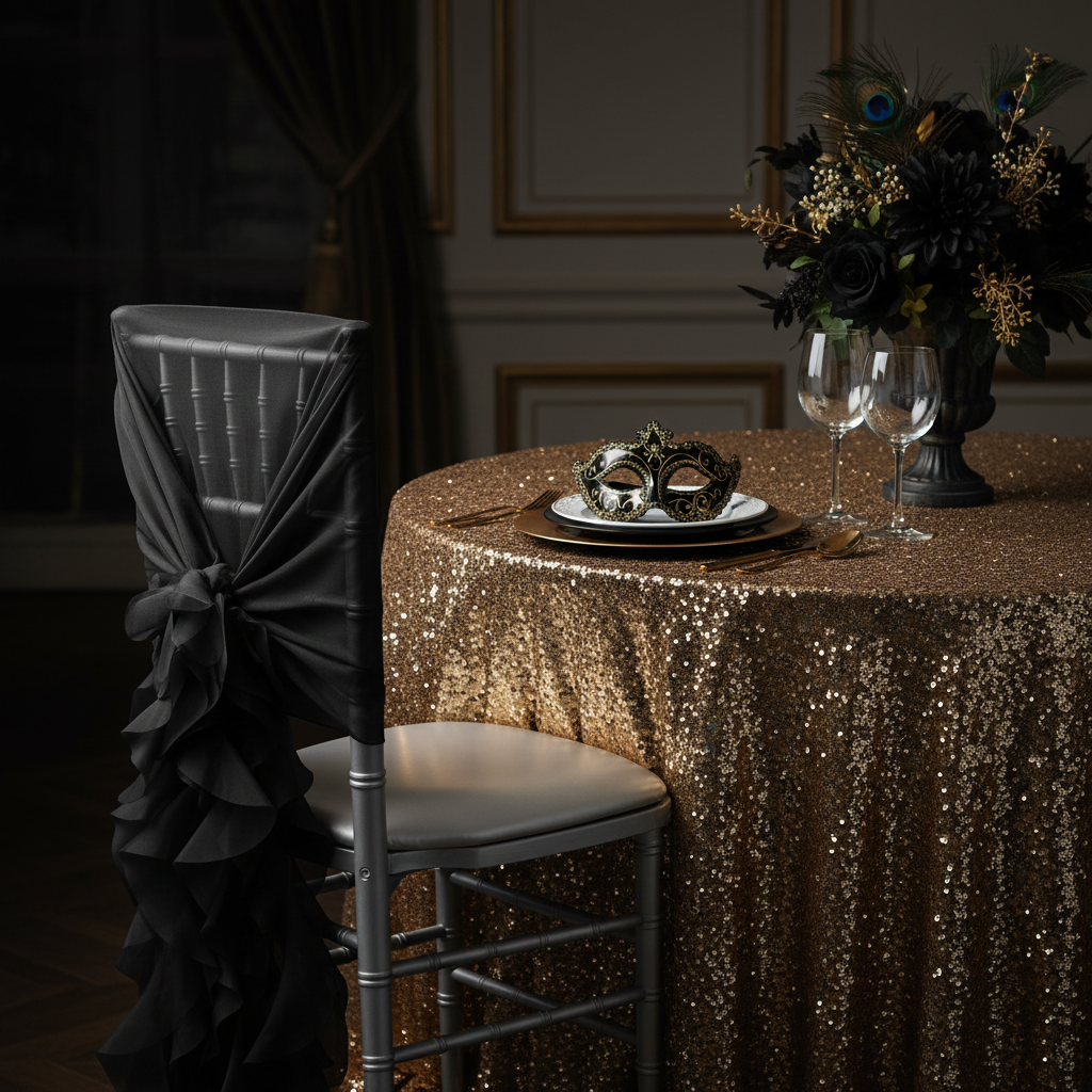 1 Set of Soft Curly Willow Ruffles Chair Sash & Cap - Black on chiavari chair 
