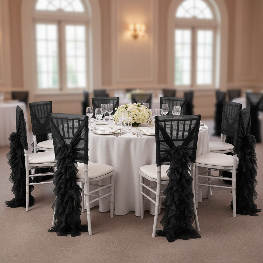1 Set of Soft Curly Willow Ruffles Chair Sash & Cap - Black on chiavari chair 