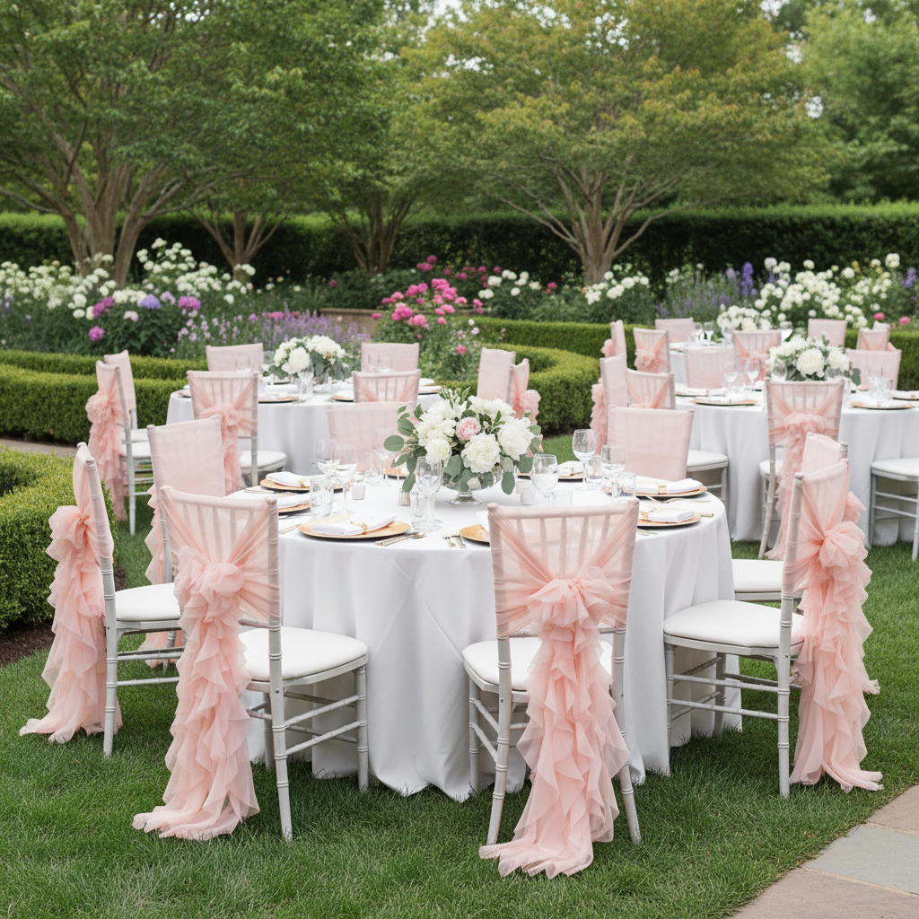 1 Set of Soft Curly Willow Ruffles Chair Sash & Cap - Blush/Rose Gold | charger plate | napkin | wine goblet | chiavari chairs |