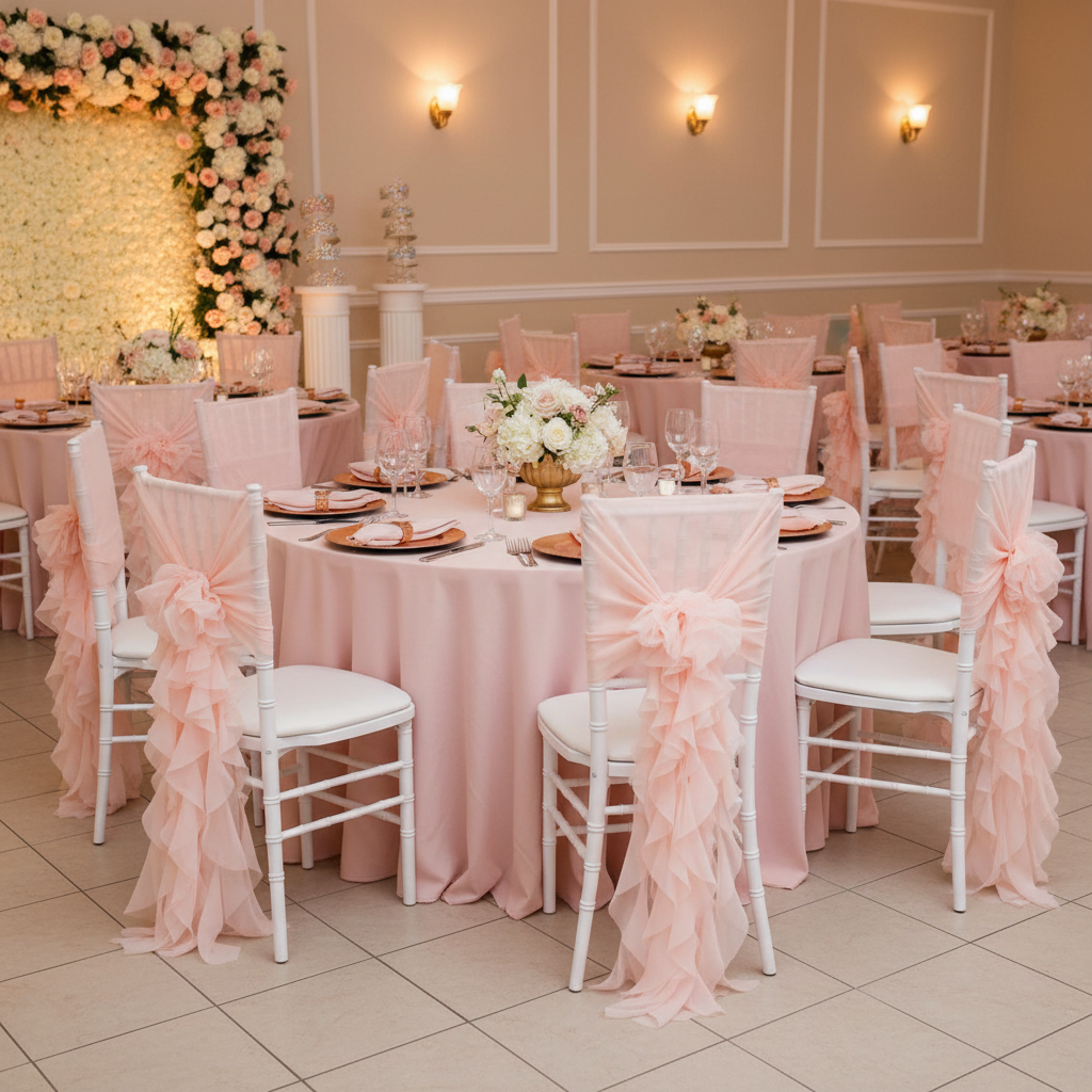 1 Set of Soft Curly Willow Ruffles Chair Sash & Cap - Blush/Rose Gold | charger plate | napkin | wine goblet | chiavari chairs |