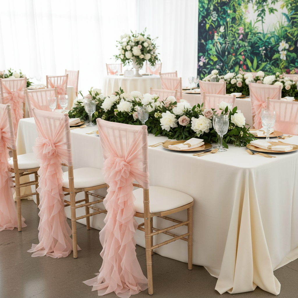 1 Set of Soft Curly Willow Ruffles Chair Sash & Cap - Blush/Rose Gold | charger plate | napkin | wine goblet | chiavari chairs | flower premade runner |