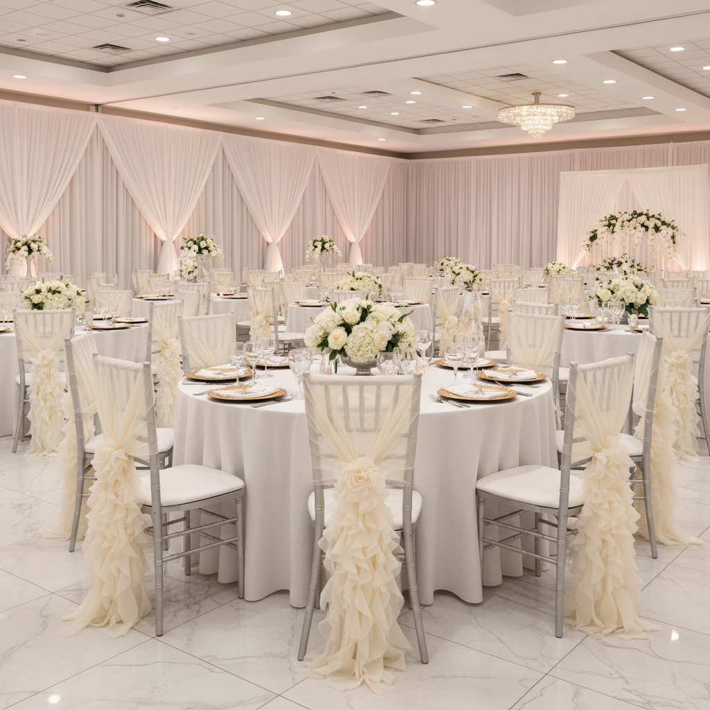 1 Set of Soft Curly Willow Ruffles Chair Sash & Cap - Ivory on chiavari chair for wedding reception