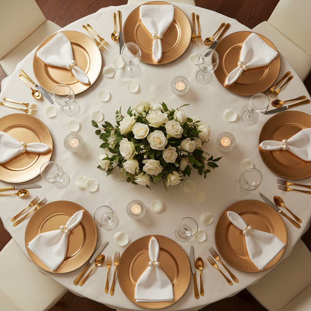 top view table setup with 10 pc/pk Faux Pearl Napkin Ring - Gold