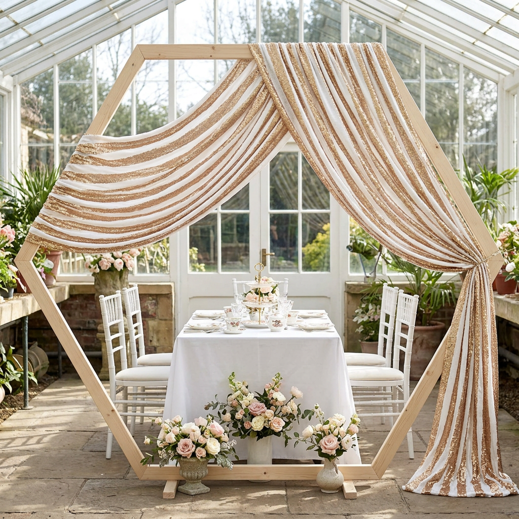 Gold and white striped sequin bridal shower arch