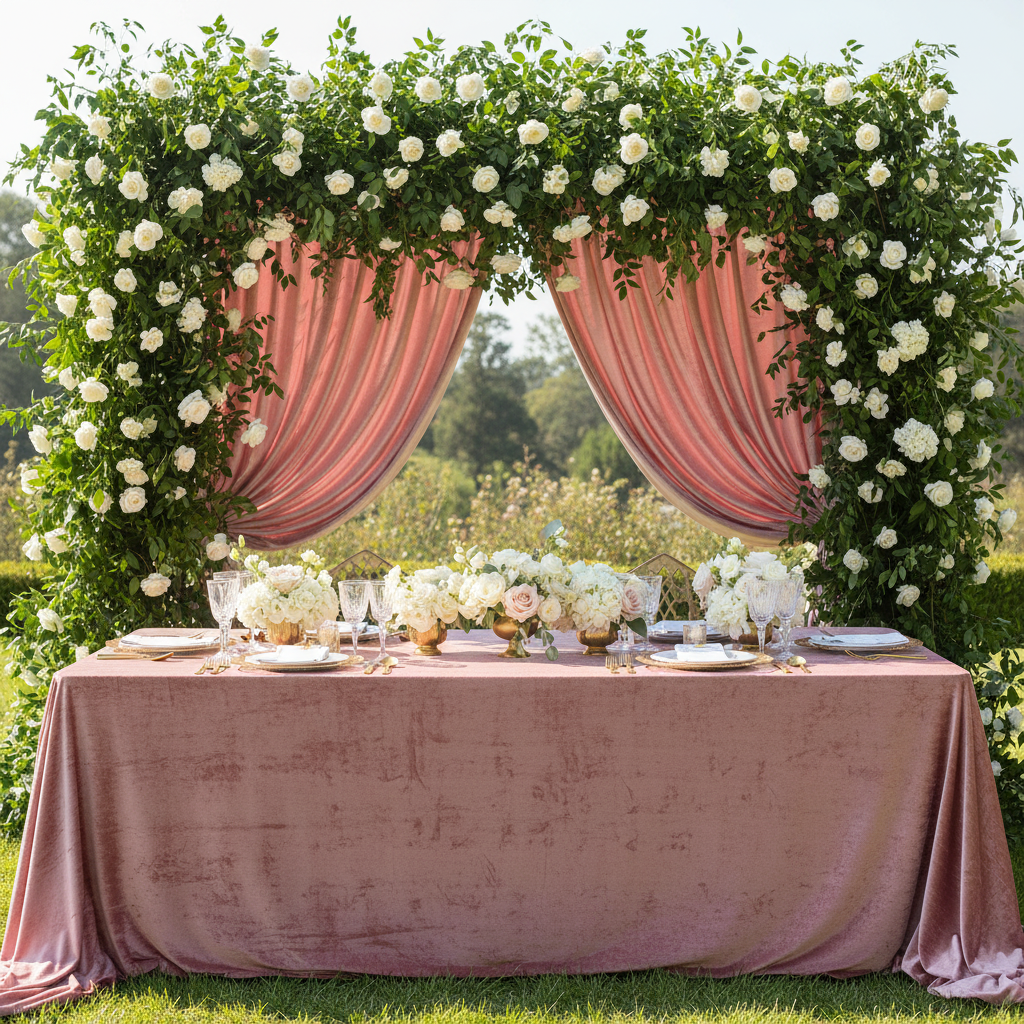 10-yards-Velvet-Fabric-Roll-Dusty-Rose-Mauve for diy backdrop with premade flower 