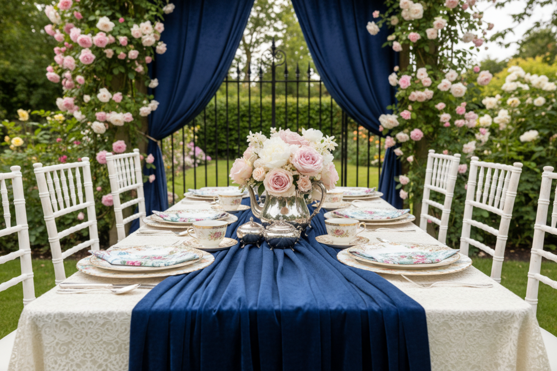 english garden tea party setup using 10 yards Velvet Fabric Roll - Navy Blue