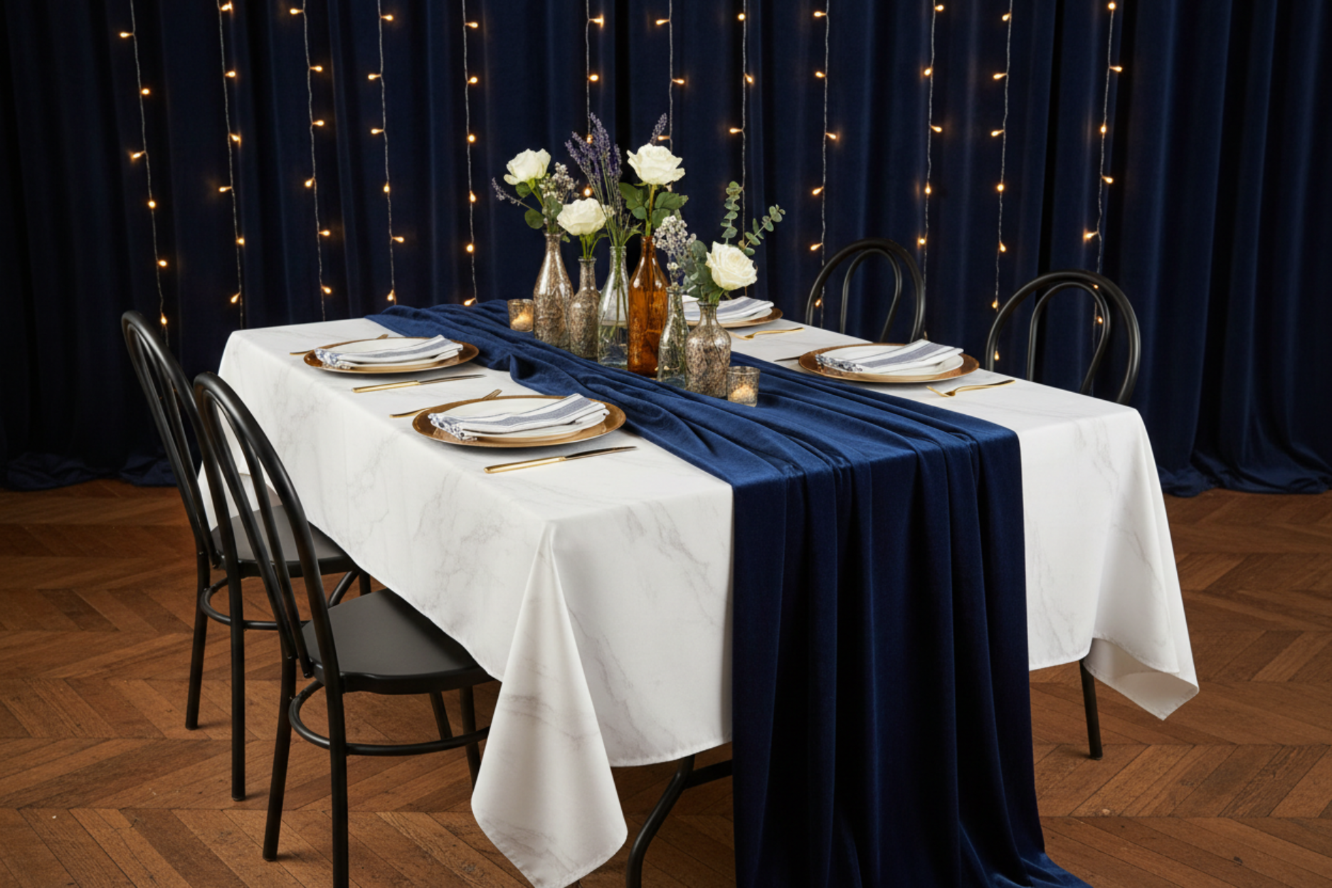 indoor elegant dinner setup showing 10 yards Velvet Fabric Roll - Navy Blue on top of white tablecloth