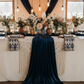 bohemian setup showing 10 yards Velvet Fabric Roll - Navy Blue on top of ivory tablecloth
