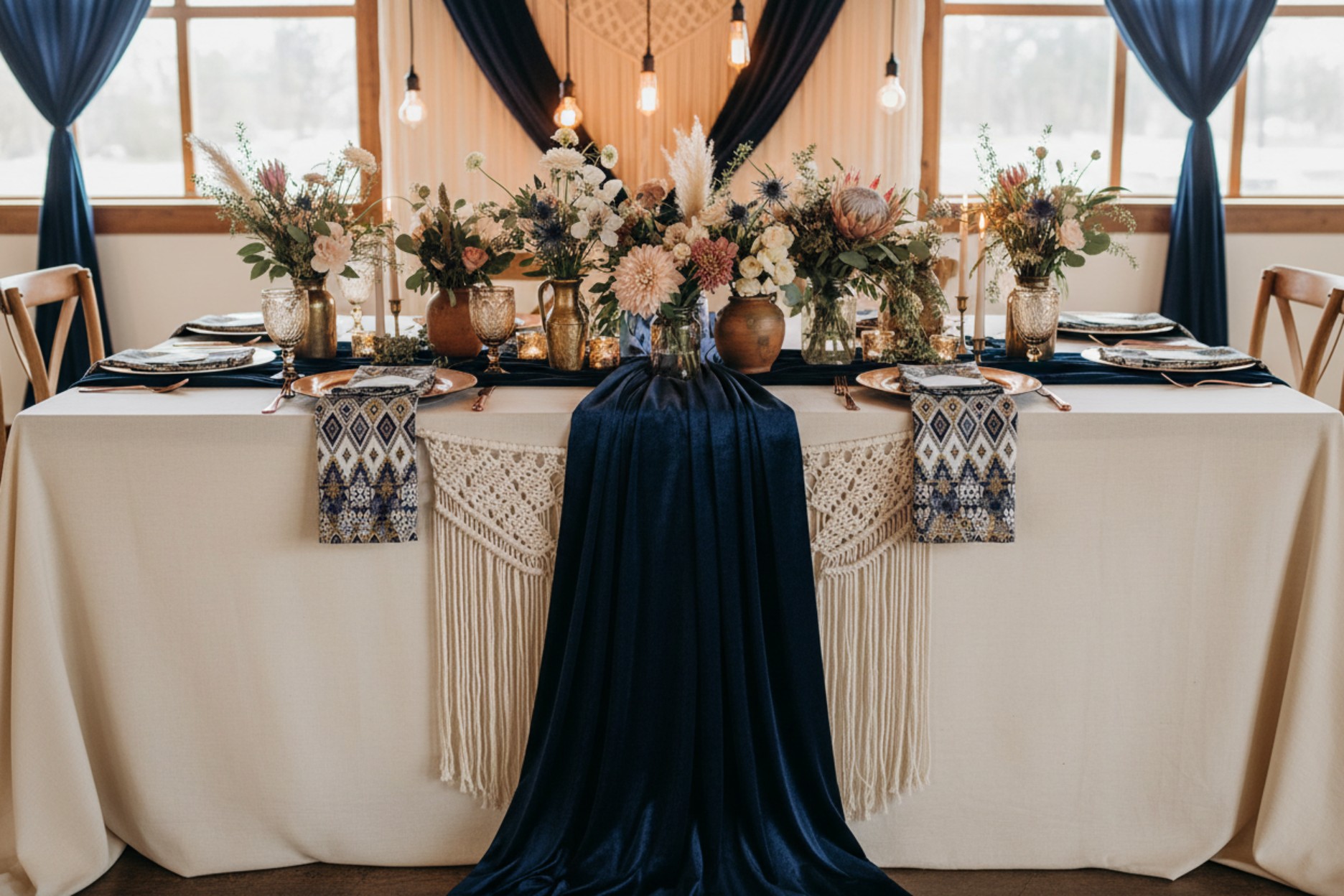 bohemian setup showing 10 yards Velvet Fabric Roll - Navy Blue on top of ivory tablecloth