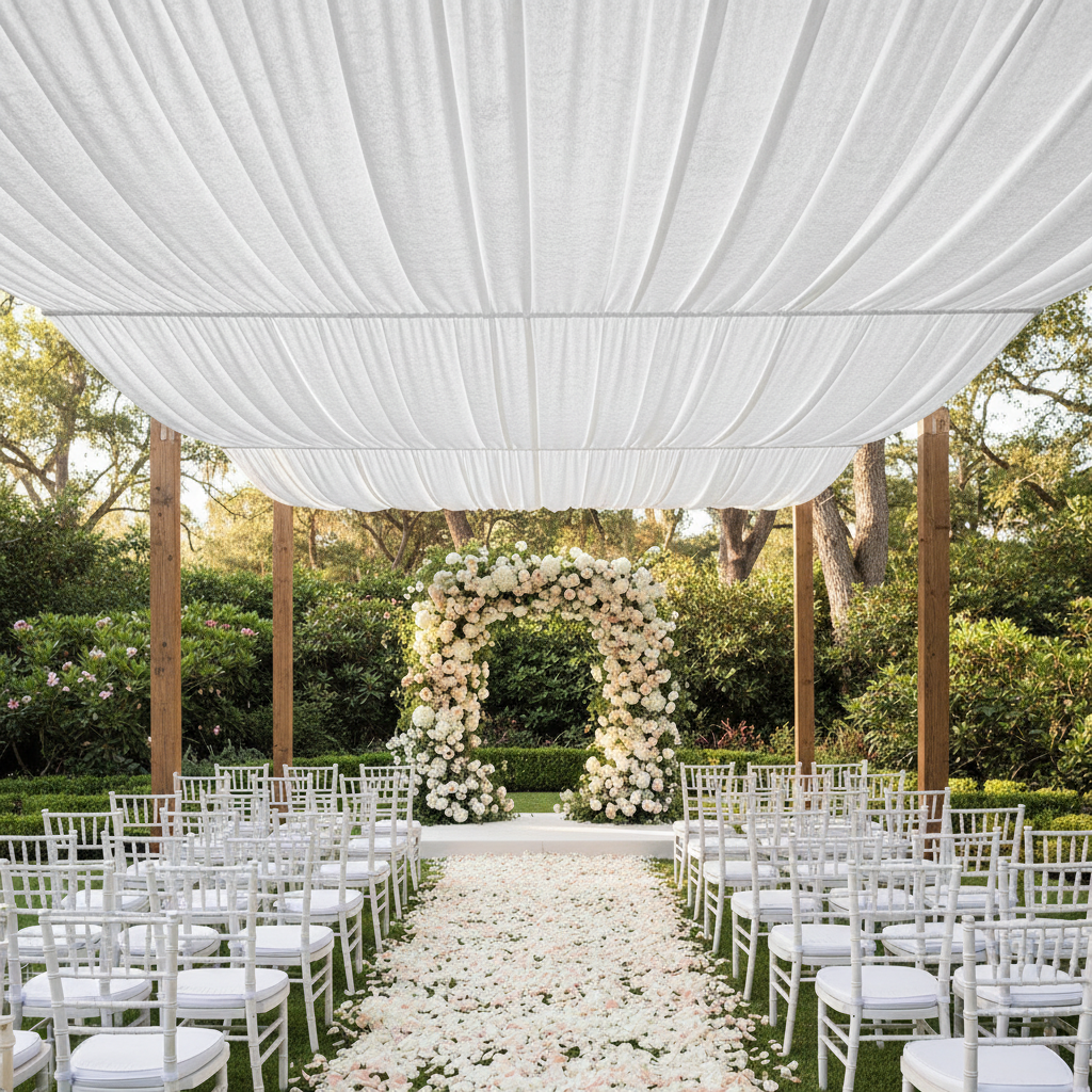 outdoor canopy ceiling draping with 10 yards Velvet Fabric Roll - White
