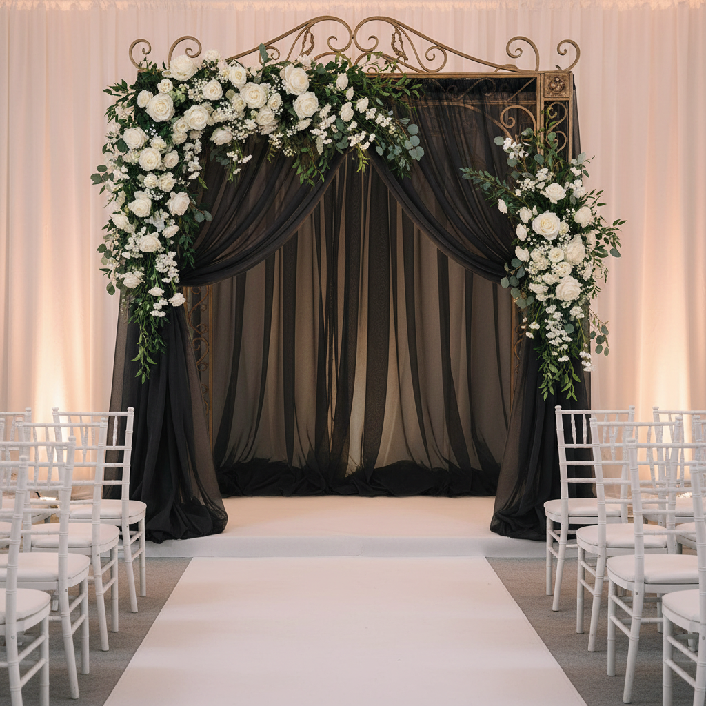 10 yards x 118" Flame Retardant (FR) Voile Sheer Fabric Roll/Bolt - Black as diy backdrop with premade floral runner for wedding ceremony