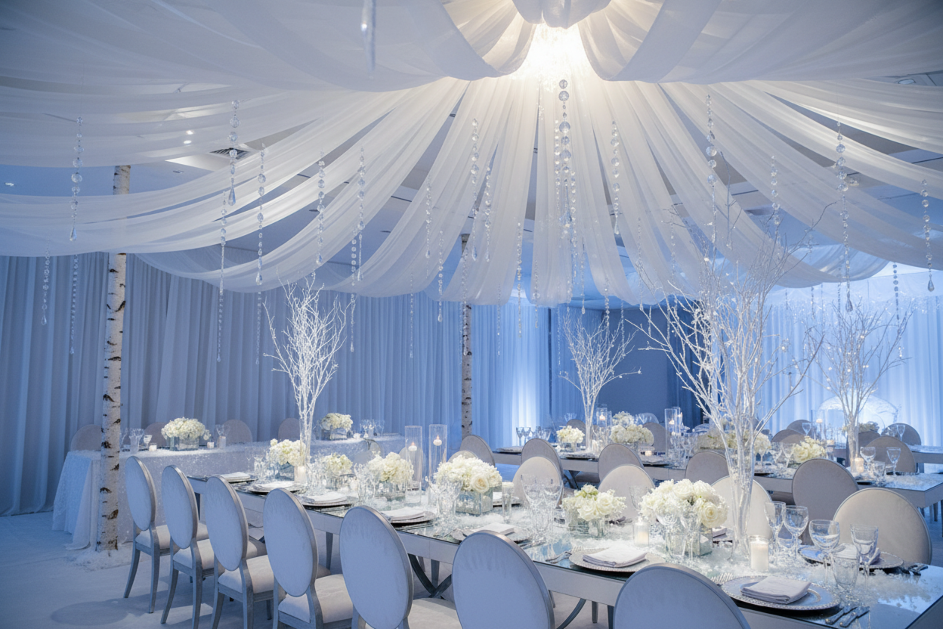 winter wonderland wedding celebration with 10 yards x 118" Flame Retardant (FR) Voile Sheer Fabric Roll/Bolt - Ivory